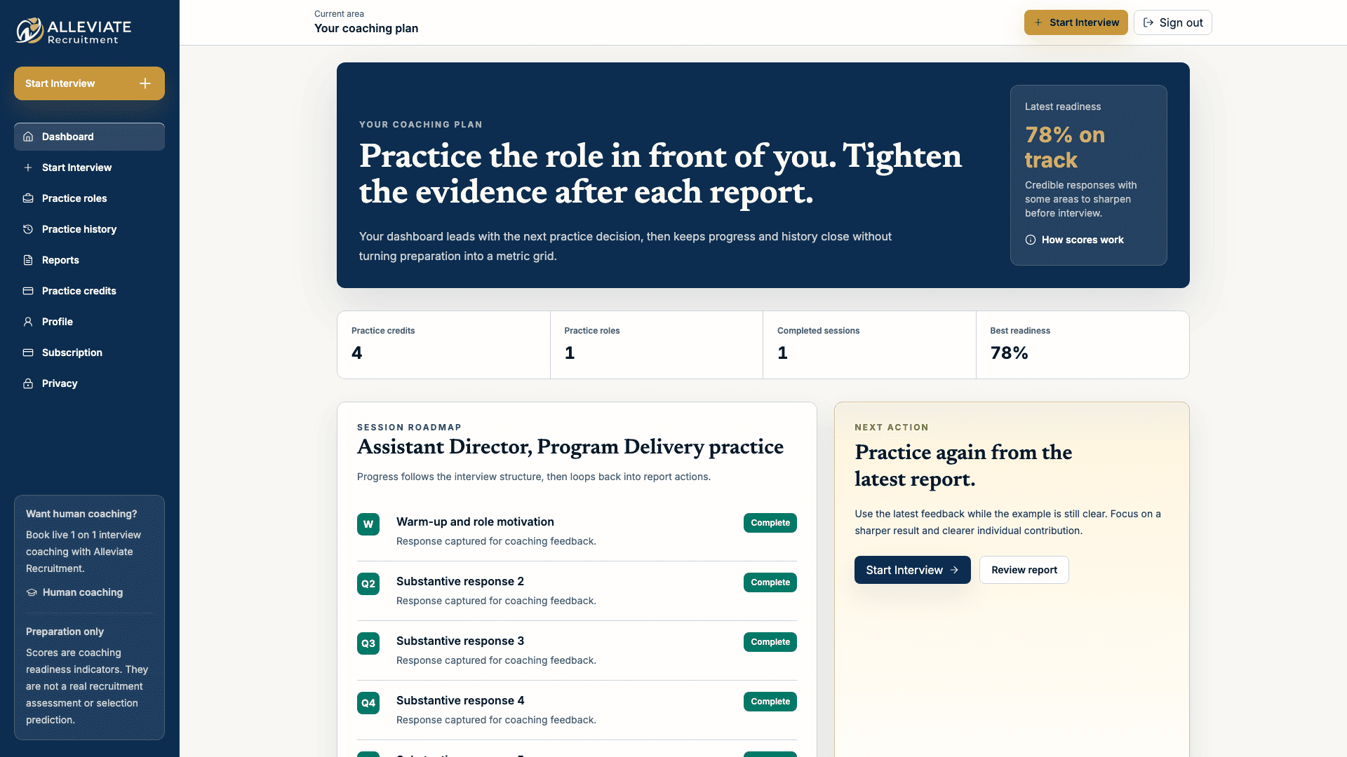 ACT dashboard showing next practice action and report review controls.