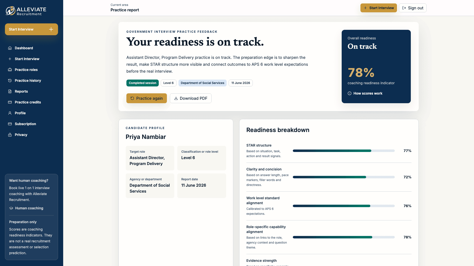 ACT coaching report with readiness indicator and metric breakdown.